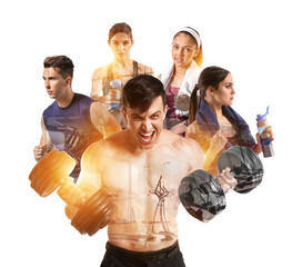 Double exposure of sporty people and modern gym on white background