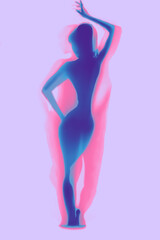 Naklejka na ściany i meble Silhouette of beautiful sexy woman behind curtain on color background
