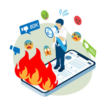 recommend clip art: 炎上するスマホの上で演説をする男性立候補者 - SNSでの選挙活動