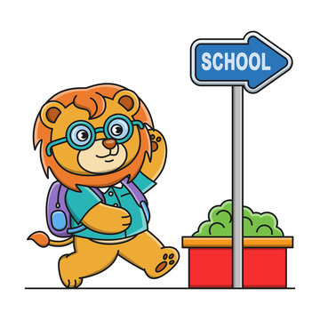 Vector illustration of cartoon lion going to school