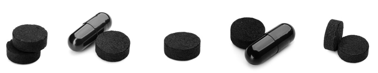 Set of activated carbon pills isolated on white