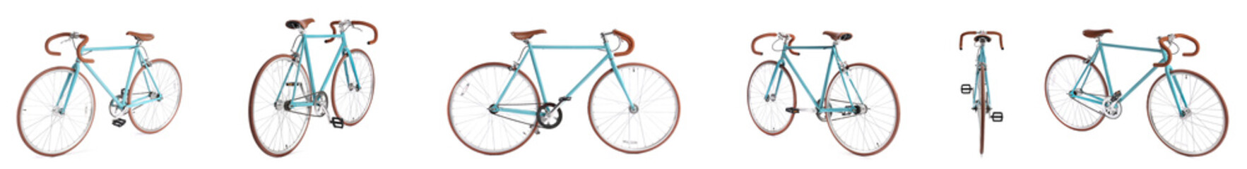 Set of bicycles on white background