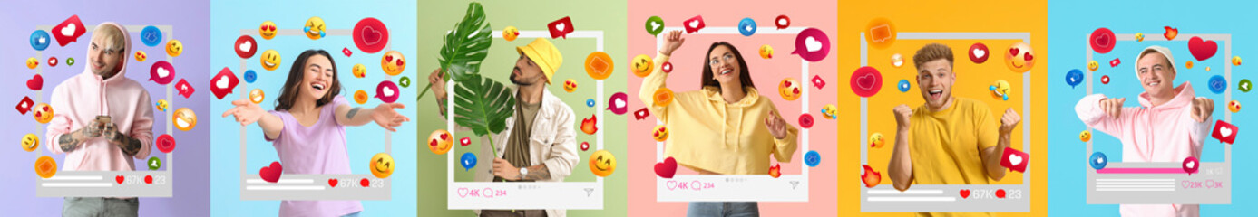 Group of happy young bloggers on color background