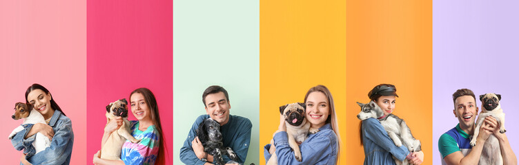 Set of people with cute dogs on colorful background. Friendship Day - Powered by Adobe