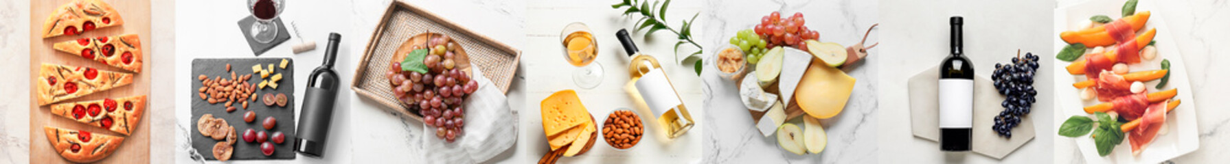 Set of delicious wine with grapes and tasty food on light background, top view