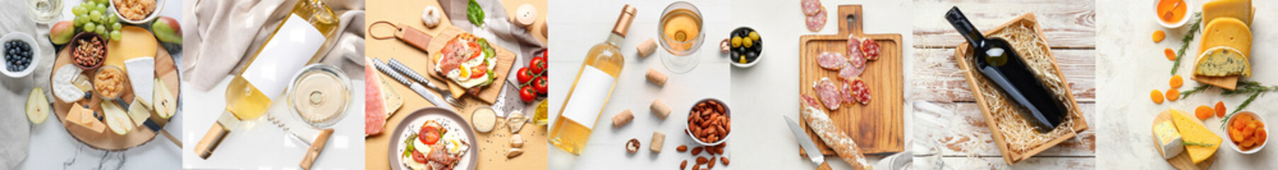 Set of delicious wine with tasty food on light background, top view