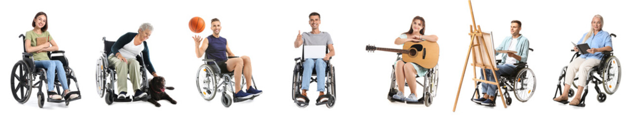 Set of people in wheelchair isolated on white