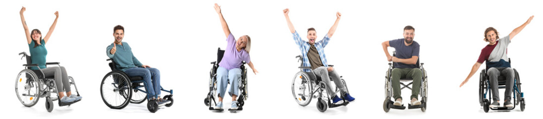Fototapeta na wymiar Set of happy people in wheelchair isolated on white