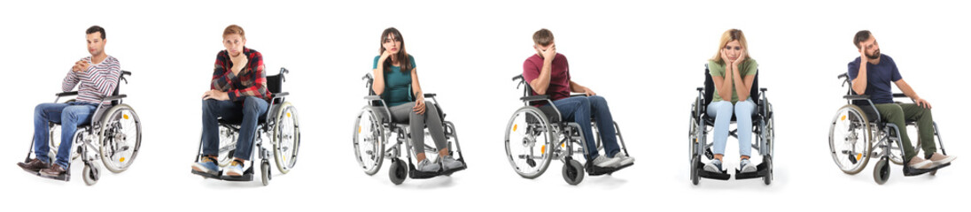 Fototapeta na wymiar Set of sad people in wheelchair isolated on white