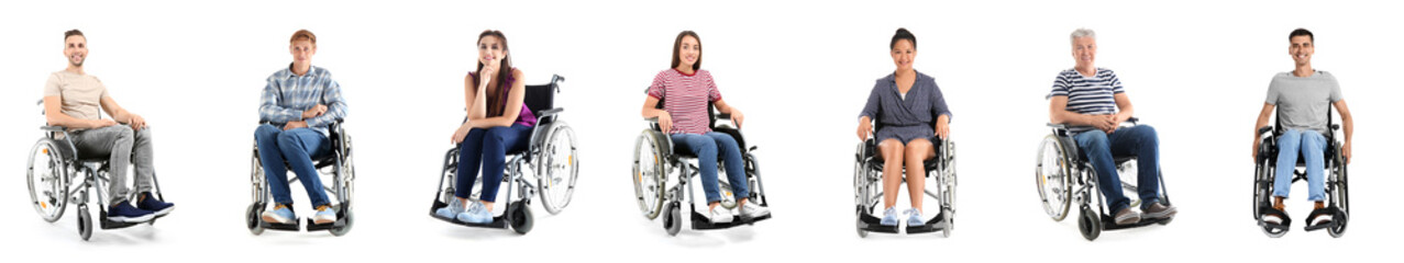 Set of happy people in wheelchair isolated on white