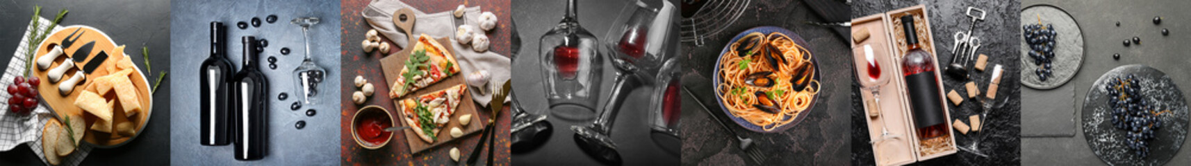 Set of expensive red wine with grapes and tasty food on dark background, top view