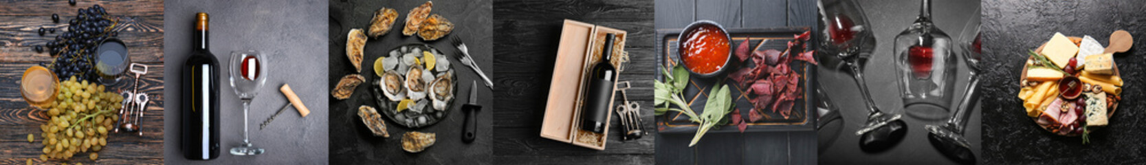 Set of expensive wine with grapes, corkscrew and tasty food on dark background, top view