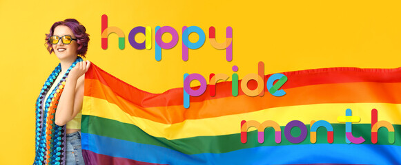 Young woman with rainbow LGBT flag and text HAPPY PRIDE MONTH on yellow background