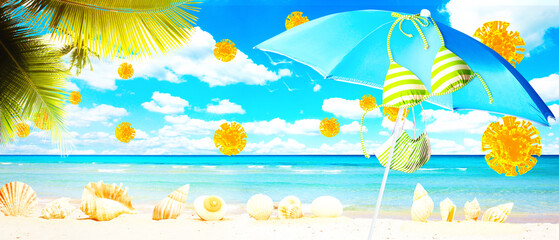 Fototapeta na wymiar Striped beach umbrella with coronavirus on vacation