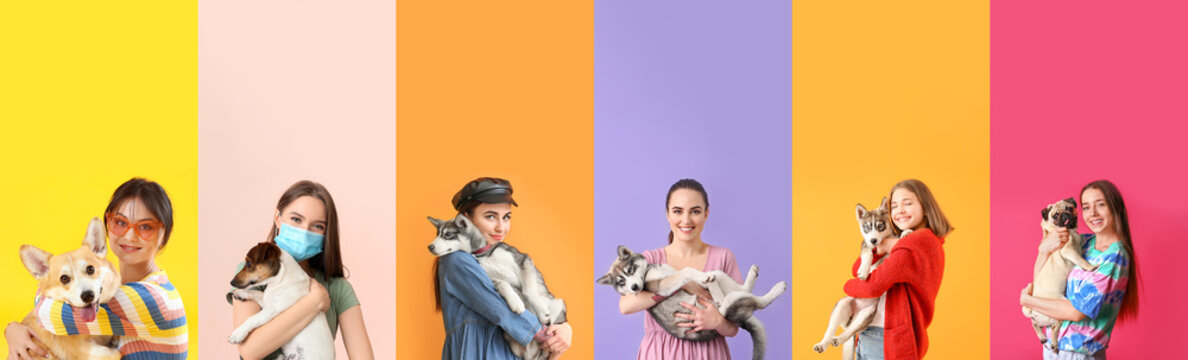 Set of women with cute dogs on colorful background. Friendship Day
