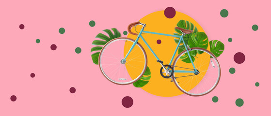 Collage with bicycle and tropical leaves on pink background