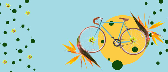 Collage with bicycle and tropical flowers on light blue background