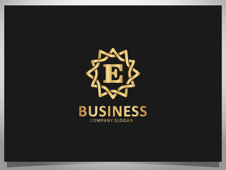 Golden Logotype Letter E Isolated Geometric Floral Frame