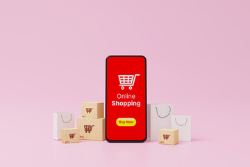 Online shopping concept. Web or mobile application ecommerce. Smartphone and carton paper box and...