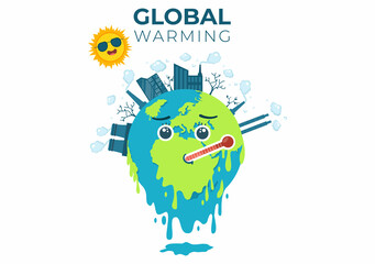 Obraz premium Global Warming Cartoon Style Illustration with Planet Earth in a Melting or Burning State and Image Sun to Prevent Damage to Nature and Climate Change