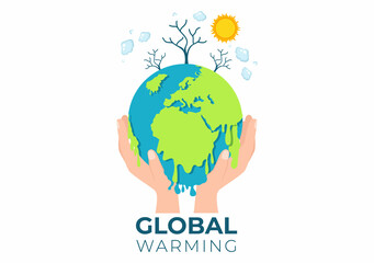 Global Warming Cartoon Style Illustration with Planet Earth in a Melting or Burning State and Image Sun to Prevent Damage to Nature and Climate Change