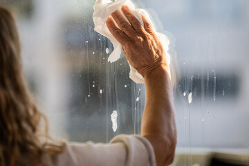A woman cleans sudsy windows with a rag