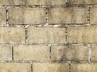 Bricks and blocks are laid together and connected by cement. It is a large wall with rough surface because the wall is not plastered to be smooth. old because of the sun and the rain
