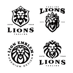 Lion head emblem logo set. Lion head silhouette or line art collection. Vector illustration