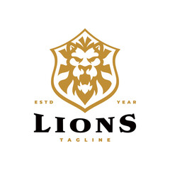 Vintage hipster lion head and shield emblem logo design. Lion shield vector icon