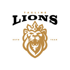 Lion king emblem logo design. Lion head, mane with crown silhouette vector icon