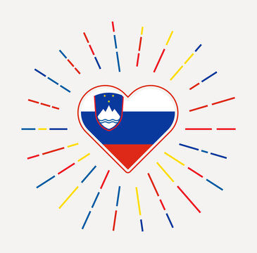 Slovenia heart with flag of the country. Sunburst around Slovenia heart sign. Vector illustration.