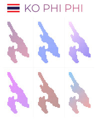 Ko Phi Phi dotted map set. Map of Ko Phi Phi in dotted style. Borders of the island filled with beautiful smooth gradient circles. Trendy vector illustration.