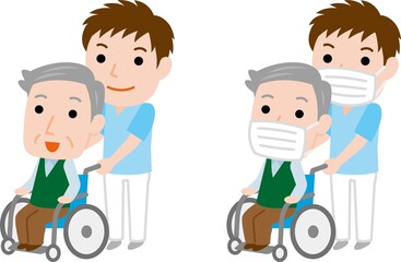 車椅子のおじいさんと男性介護士