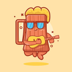 cool beer wooden tankard character mascot playing guitar isolated cartoon in flat style design