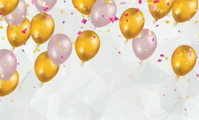 Design gold colors and pink with realistic flying helium balloons. Celebration, festival background, greeting banner, card, poster.