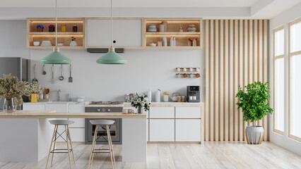 Modern white kitchen interior with furniture,kitchen interior with white wall. - obrazy, fototapety, plakaty