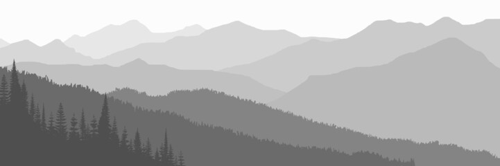 Black and white mountain landscape, mountain ranges in haze, panoramic view