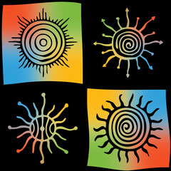 Seamless pattern, multicolor ethnic background, sun symbols, vector design