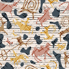 A series of petroglyphs, cave drawings, vector design, seamless pattern