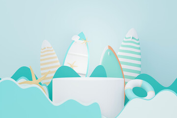 3d render Summer sale podium stand for showing product. Beach Vacations Scene in Summer for mock up.