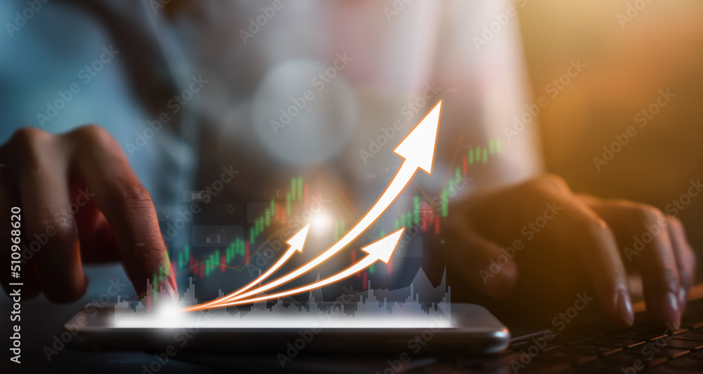 Poster stock exchange market concept, hand trader press the smartphone screen button with graphs analysis c