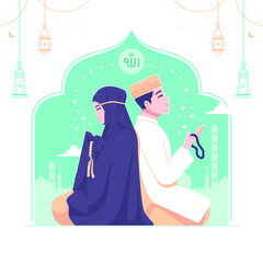 islamic couple praying illustration background