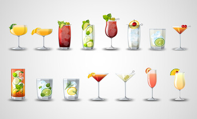 Different cocktails in the glasses set cartoon