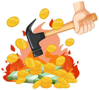 hammer smashing gold coins on fire clip art preview