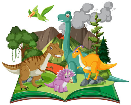 Opened book with dinosaur in prehistoric forest scene