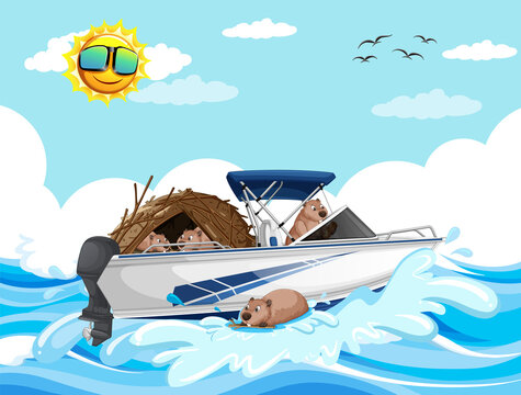 Ocean scene with group of beavers on speedboat
