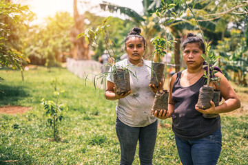 Horizontal photo with copy space of two Nicaraguan women, mother and daughter holding plants in...