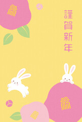 new years greeting card with camellia flowers and rabbits, the Chinese or Japanese zodiac sign for 2023