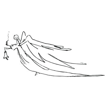 recommend clip art: Flying angel holding a bell and a candle. Hand drawn linear doodle rough sketch. Black silhouette on white background.
