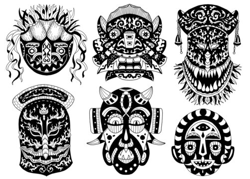 Design vector collection of black and white ethnic african and asian masks